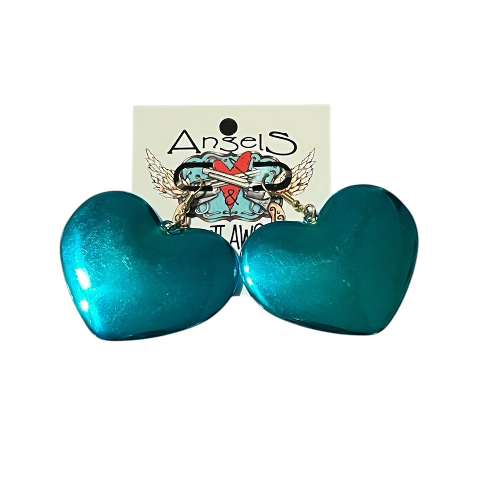 Teal Metallic•Chunky Heart Dangle  Earrings